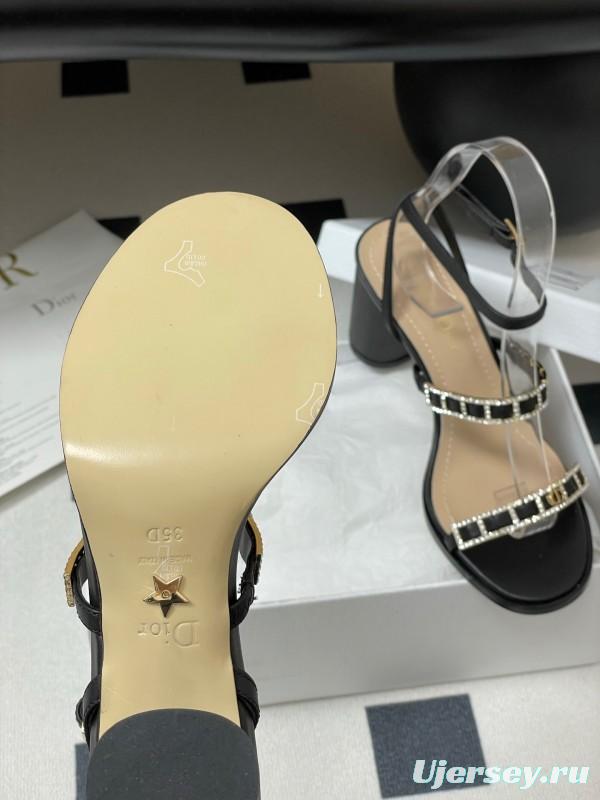 2025 Women Dior Black Leather Crystal Embellished High Heel Sandals