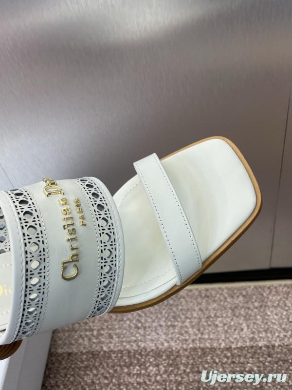 2025 Women Dior White Leather Slide Sandals