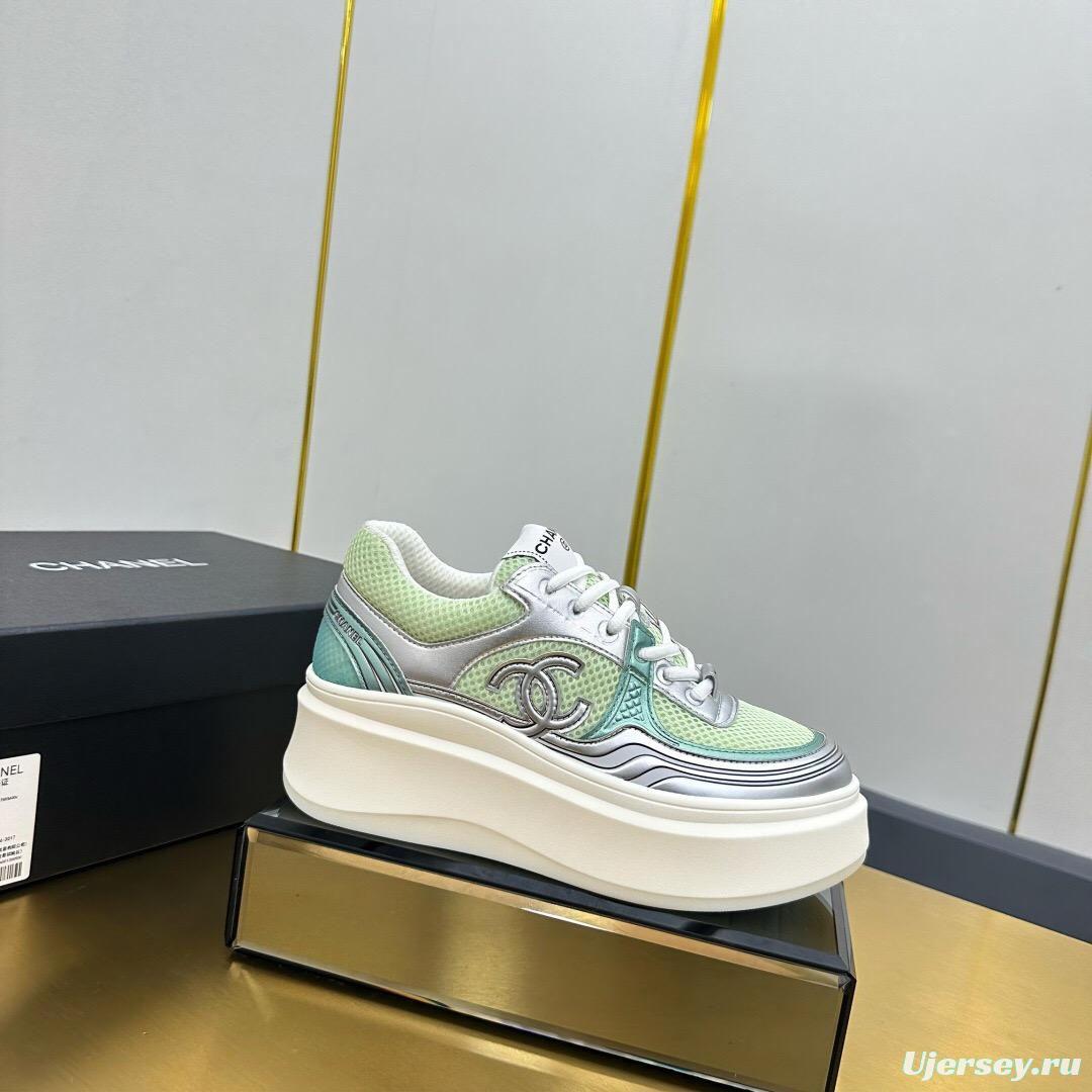 2025 Women Chanel Green Silver Mesh Leather Platform Sneakers