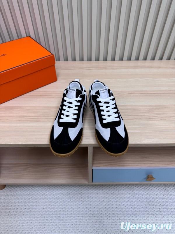 2025 Unisex Hermès Black White Suede Down Fabric Sneakers Top Version KFY00300