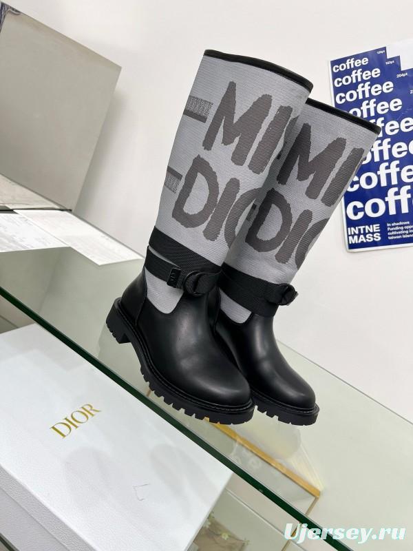 2024 Women Dior Black Grey Leather Fabric Knee High Boots