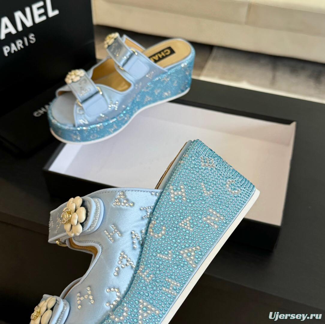 2025 Women Chanel Blue Denim Leather Platform Slippers LY00330