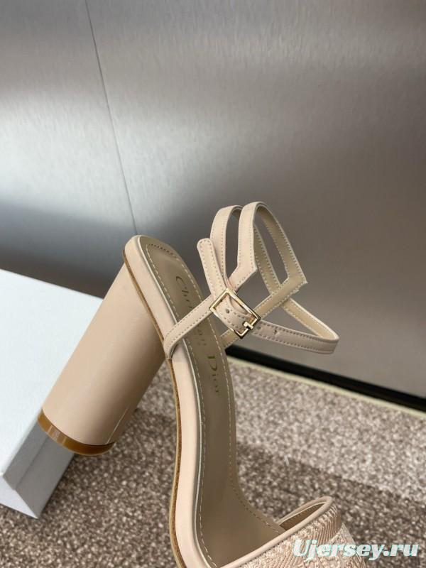 2025 Women Dior Beige Fabric Leather High Heel Sandals