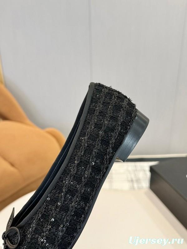 2025 Women Chanel Black Wool Ballet Flats LY00250