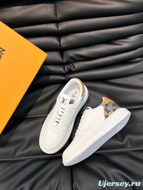 2024 Unisex Louis Vuitton White Brown Mesh Leather Sneakers MJ00400