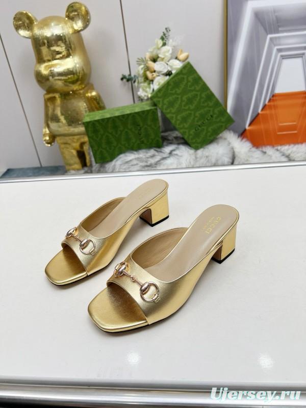2025 Women Gucci Gold Leather Heeled Slip-On Horsebit MJ00180