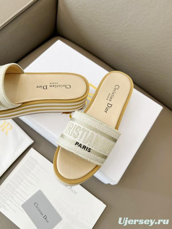 2025 Women Dior White Beige Canvas Platform Slippers
