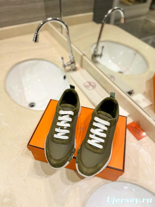 2024 Unisex Hermès Green Khaki Imported Silk Leather Sneakers MJ00320