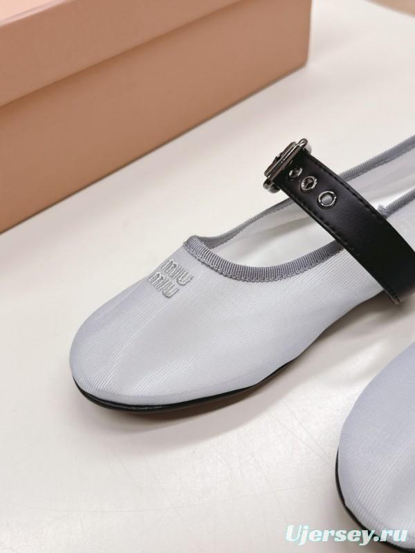 2025 Women Miu Miu White Black Mesh Leather Ballet Flats LY00230