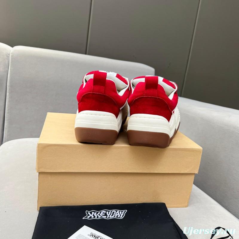 2025 Women HEYDAY Red White Canvas Leather Wave Sneakers
