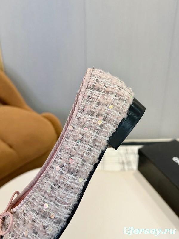 2025 Women Chanel Pink Black Sheepskin Tweed Ballet Flat LY00250