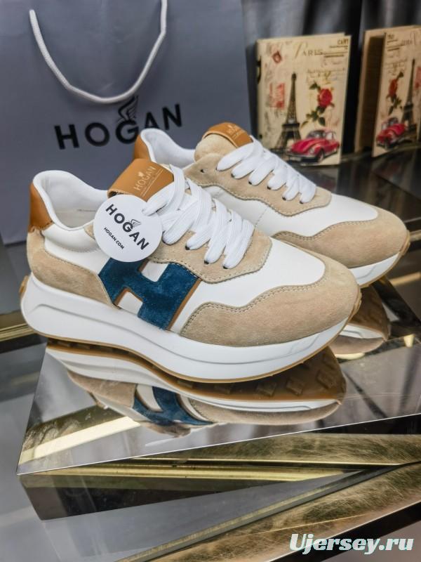 2025 Unisex HOGAN White Beige Blue Leather Suede Platform Sneakers H-STRIPES LY00360(F)/LY00370(M)