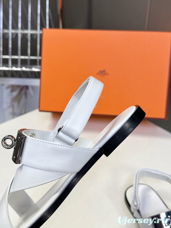 2025 Women Hermès White Calf Leather Sandals Metal Buckle KFY00300