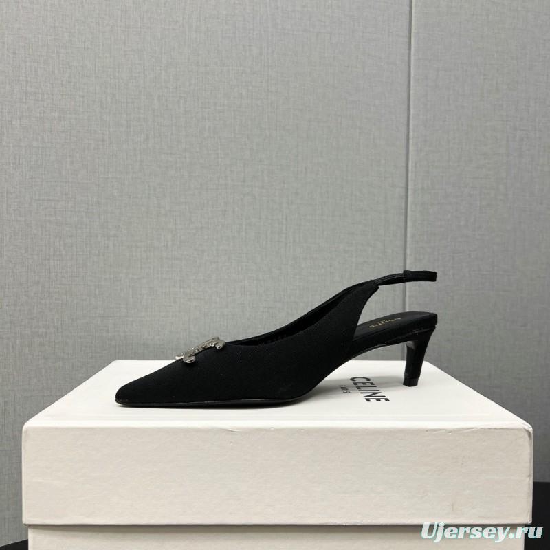 2025 Women Celine Black Fabric Leather Slingback Kitten Heels KFY00290