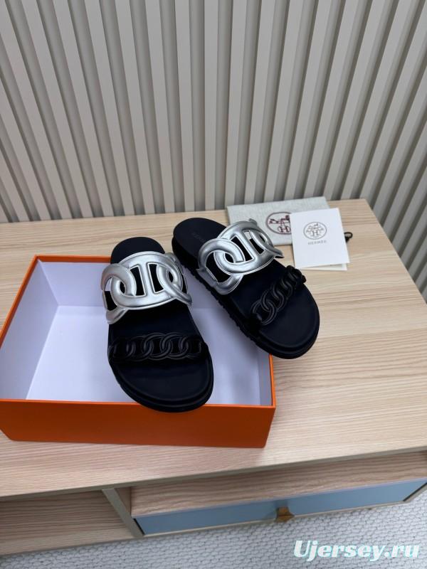 2025 Slippers Hermès Silver Black Leather Chain Decoration