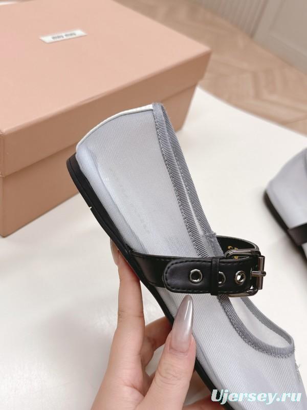 2025 Women Miu Miu White Black Mesh Leather Ballet Flats LY00230