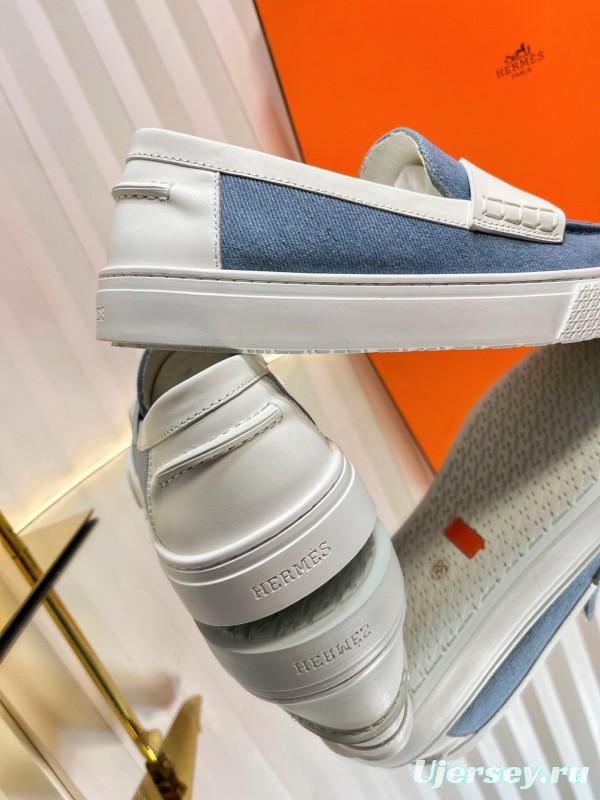 2025 Women Hermès Blue White Leather Canvas Loafers LY00310