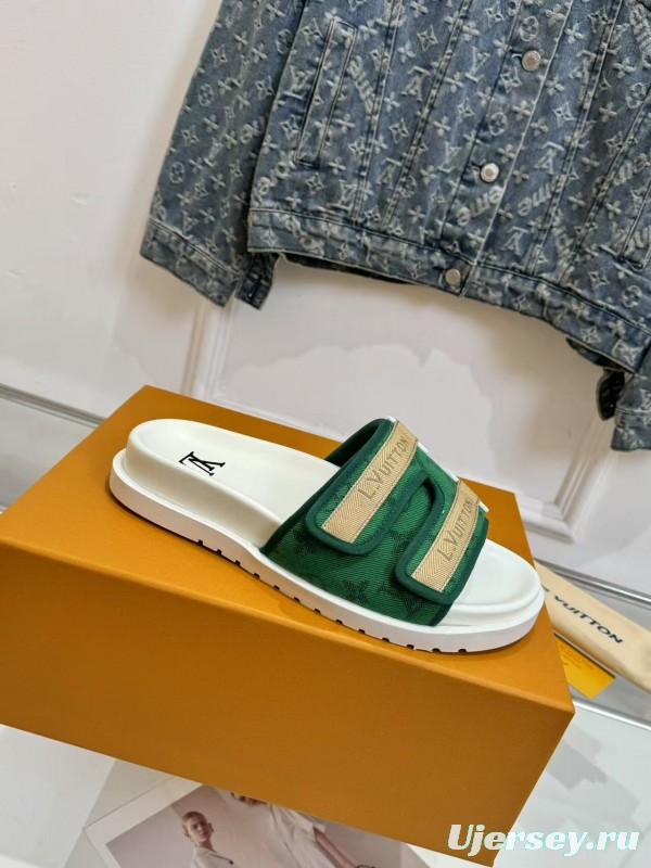 2025 Slippers Louis Vuitton Green White Canvas Slippers LY