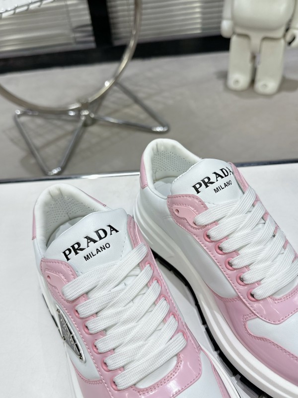 2025 Women Prada White Pink Leather Sneakers