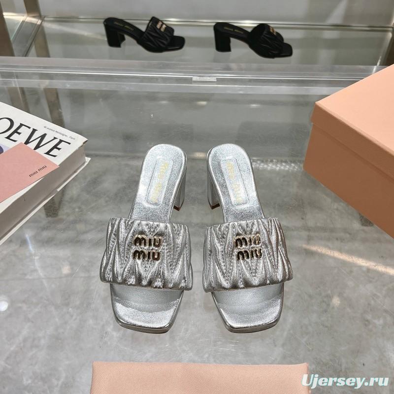 2025 Women Miu Miu Silver Leather High Heel Sandals