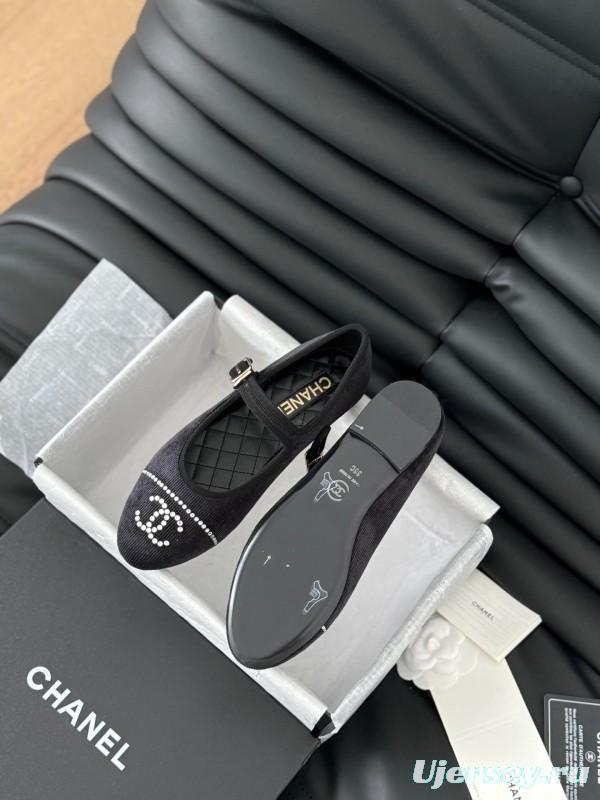 2025 Women Chanel Black Velvet Mary Jane Embroidered LY00280