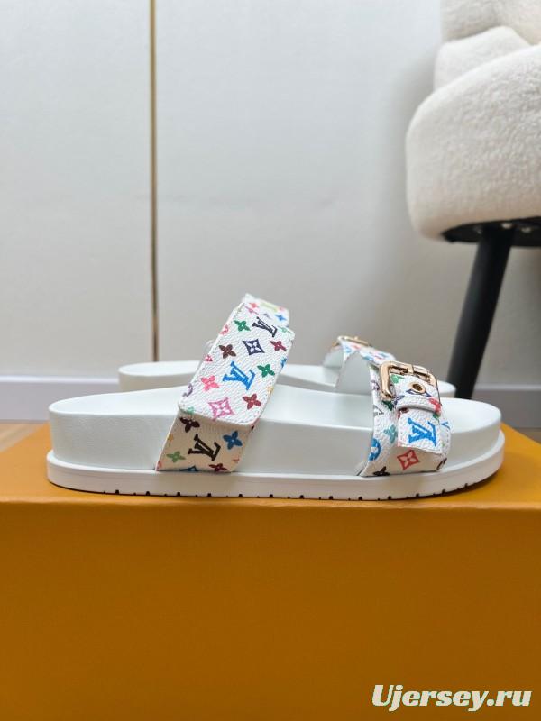 2025 Women Louis Vuitton White Multicolor Canvas Slippers KFY00280