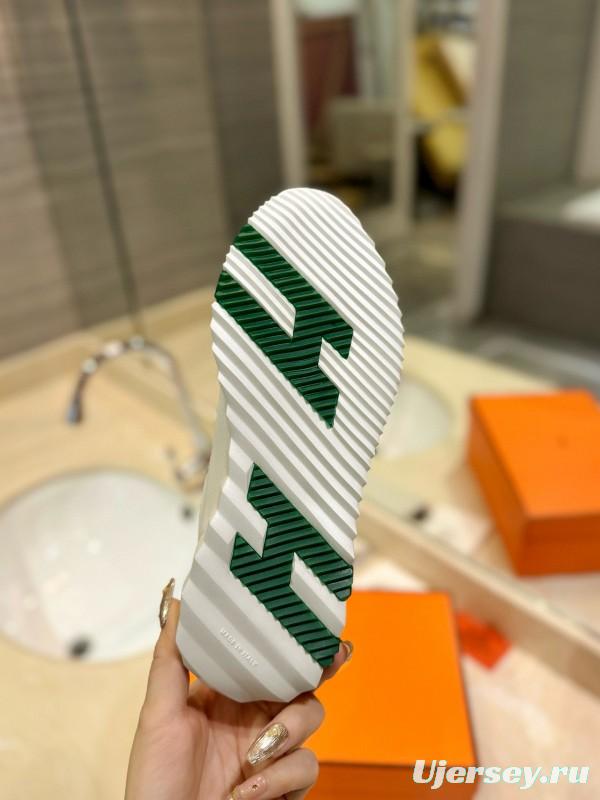 2024 Unisex Hermès White Green Mesh Suede Sneakers MJ00320