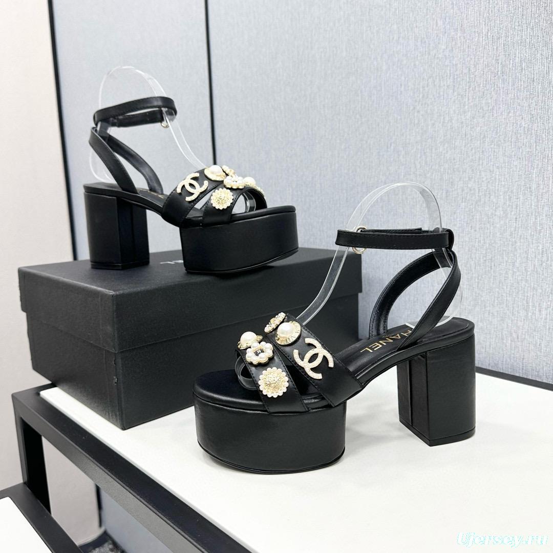 2025 Women Chanel Black Leather Platform Sandals MJ00310