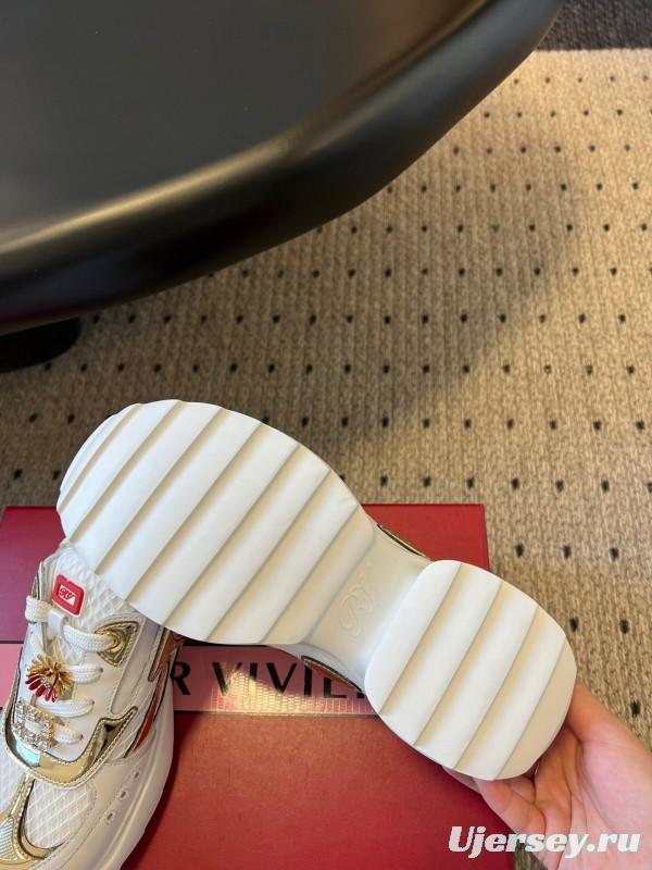 2025 Women Roger Vivier White Gold Leather Mesh Sneakers KFY00380