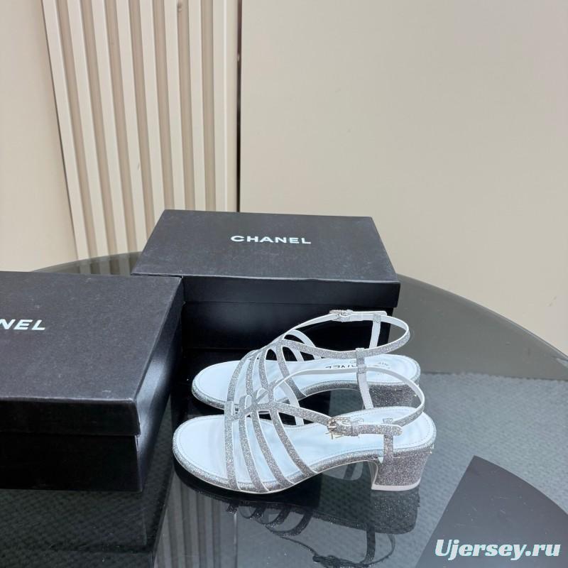 2025 Women Chanel Silver Leather Sandals