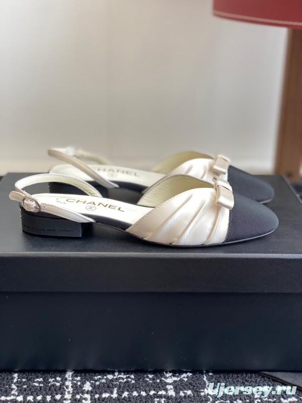 2025 Women Chanel Black Beige Silk Leather Sandals Bow KFY00289