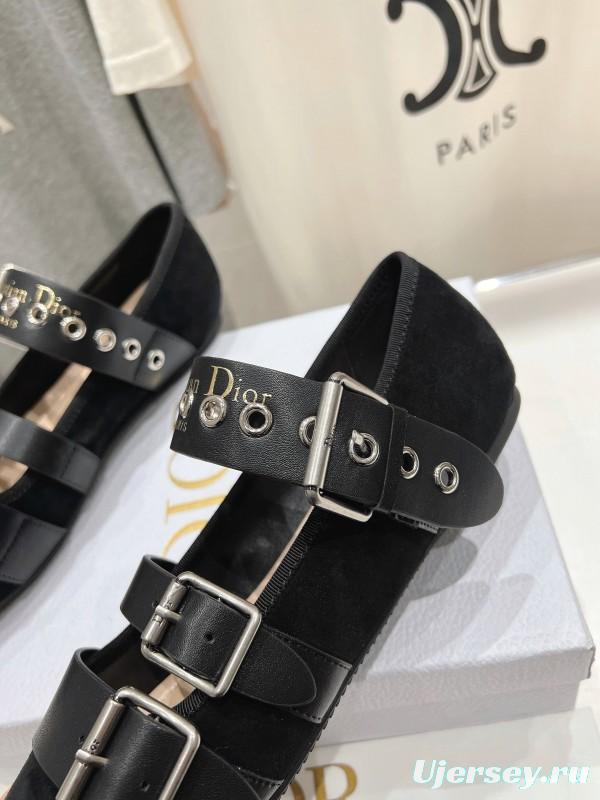 2025 Women Dior Black Leather Suede Mary Jane Buckle KFY00300
