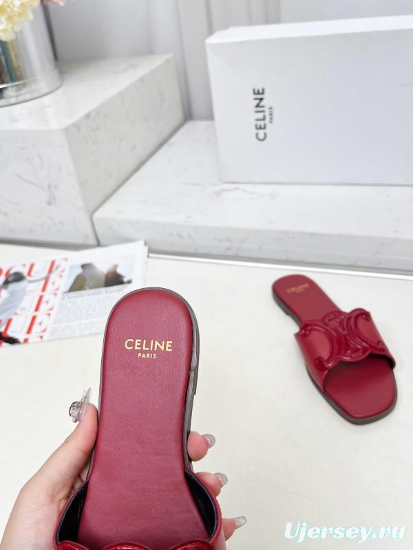 2025 Women CELINE Red Leather Slippers