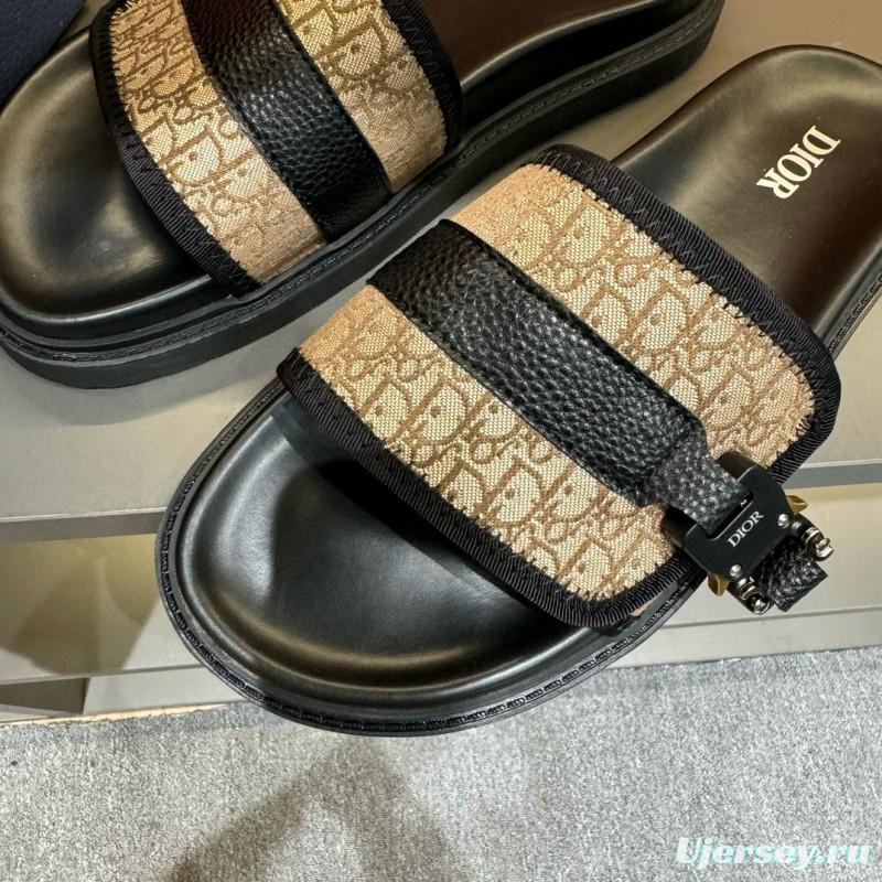 2024 Slippers Dior Beige Black Leather Canvas Slippers