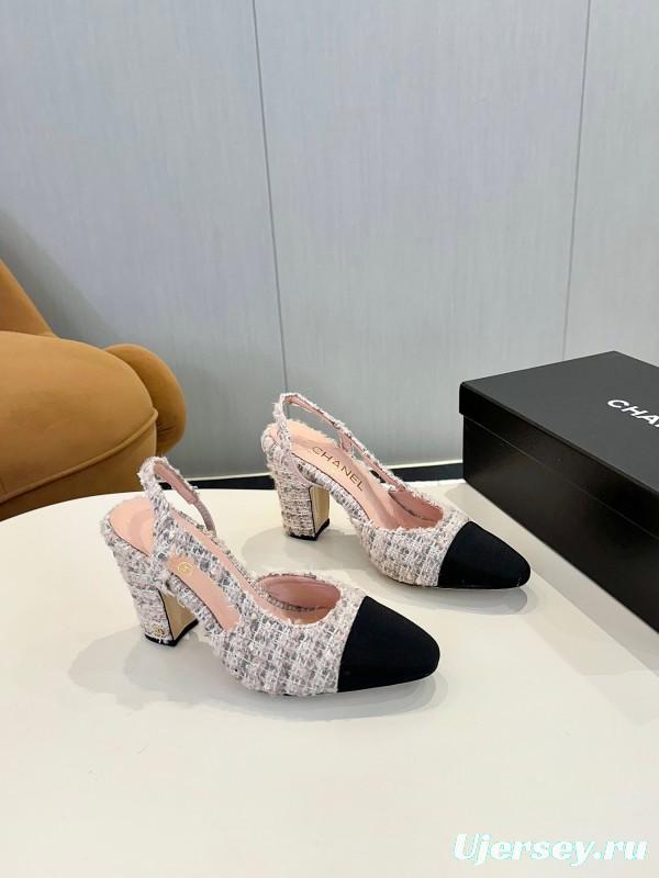 2025 Women Chanel Black White Tweed Leather Slingback Block Heel LY00270