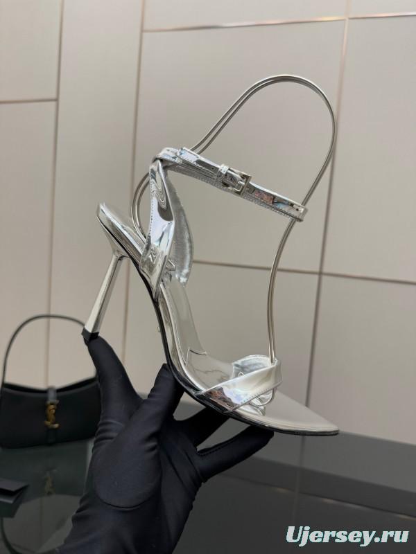 2025 Women Yves Saint Laurent Silver Leather Stiletto Sandals
