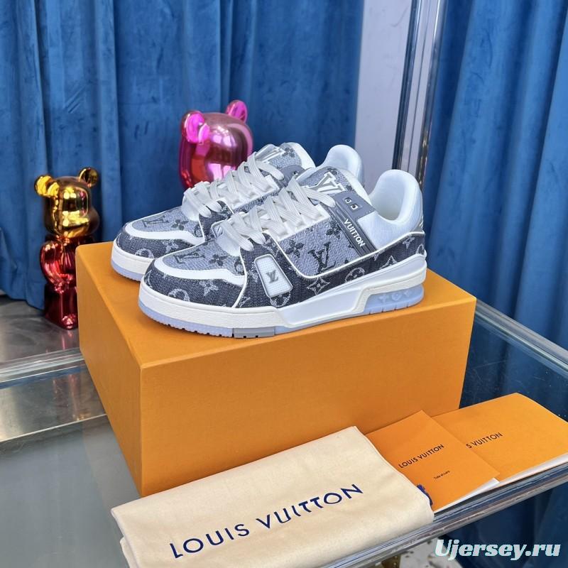 2025 Unisex Louis Vuitton Grey White Fabric Leather Sneakers