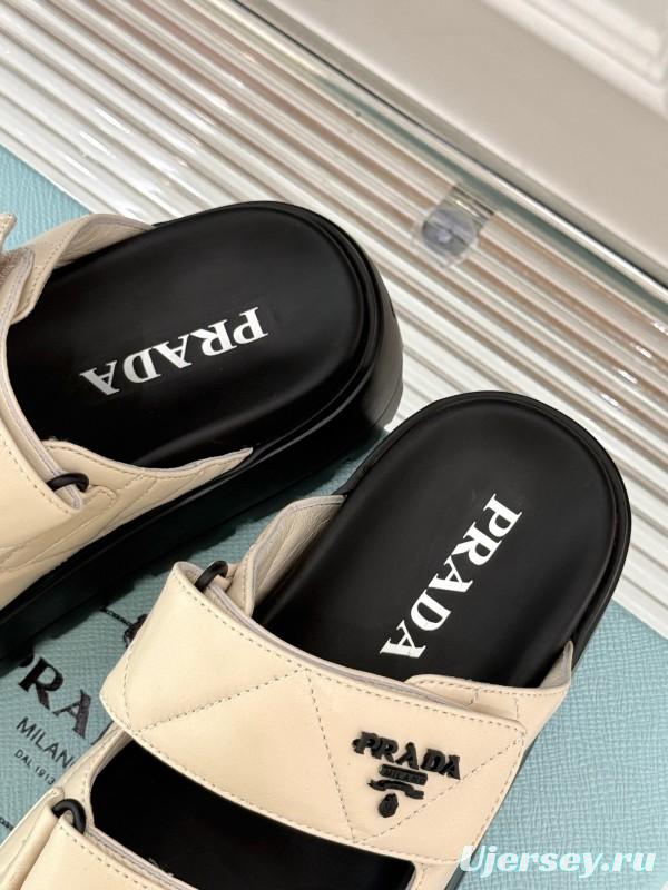 2025 Slippers Prada Beige Leather Magic Tape Platform Thick Sole