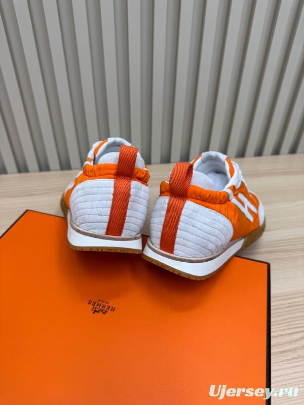 2025 Unisex Hermès White Orange Suede Mesh Sneakers KFY00300