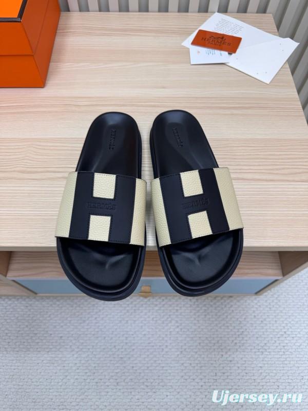 2025 Slippers Hermès Black Beige Leather Slides