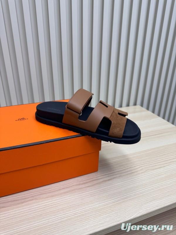 2025 Slippers Hermès Brown Black Leather Nubuck Slippers