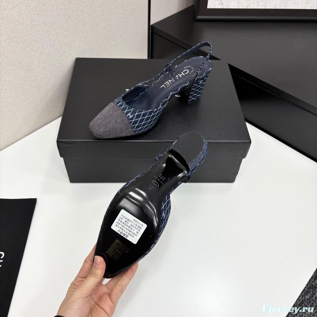 2025 Women Chanel Blue Grey Denim Leather Slingback LY00240