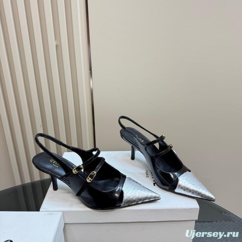 2025 Women Celine Black White Leather Pointed Toe Kitten Heel KFY00310