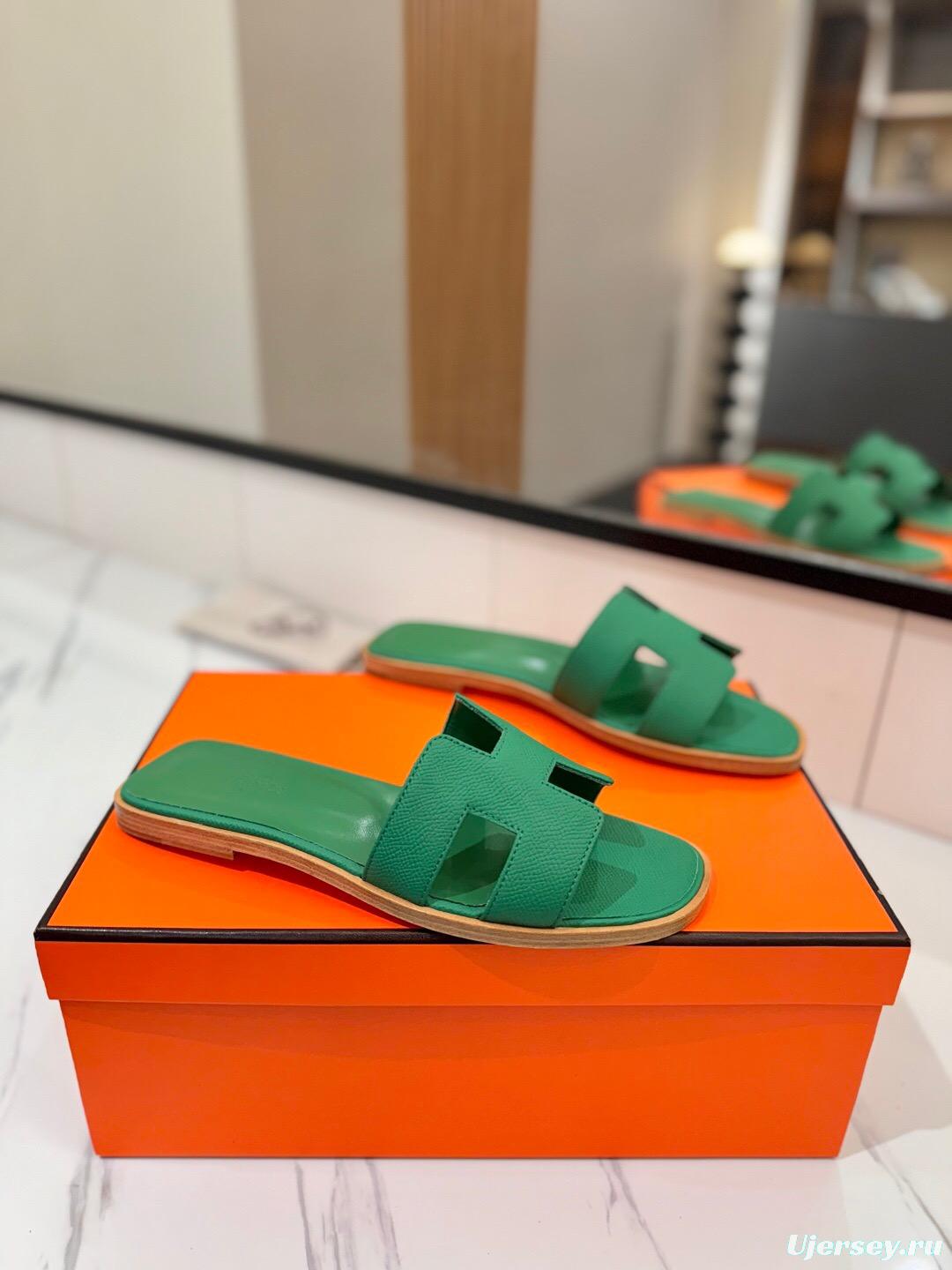 2025 Women Hermès Green Leather Slippers