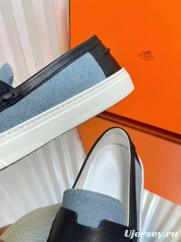 2025 Women Hermès Blue Black Leather Denim Loafers LY00310