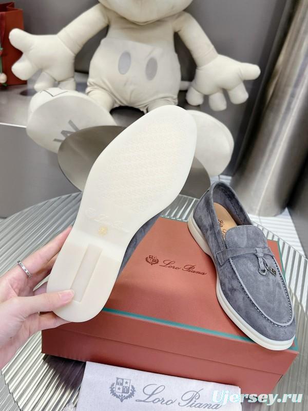 2024 Unisex Loro Piana Grey Suede Loafers MJ00270