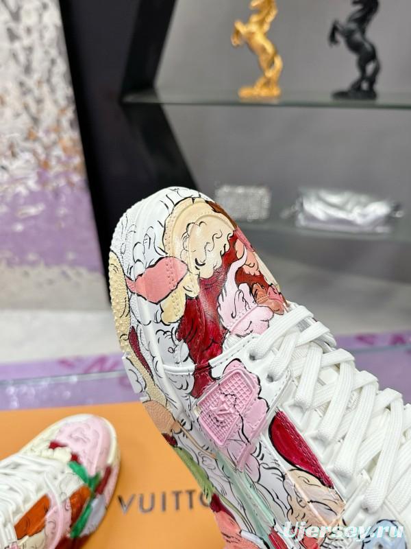 2024 Unisex Louis Vuitton White Pink Red Leather Canvas Sneakers Collaboration MJ00780