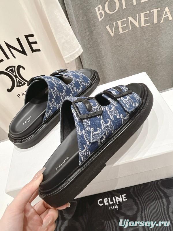 2025/Unisex CELINE Blue Denim Buckled Slide Sandals Stylish Comfort KFY00280