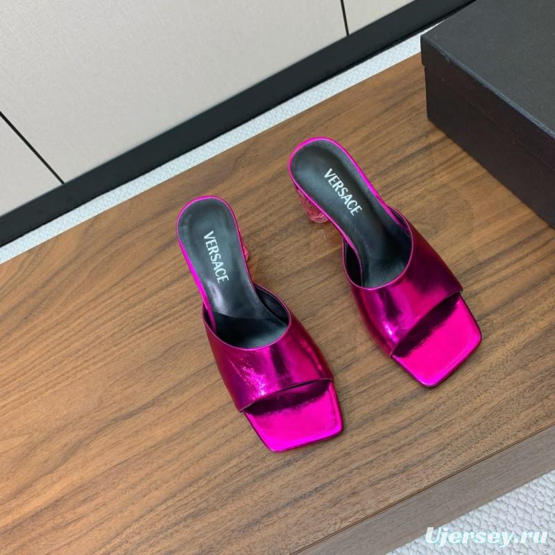 2025 Women VERSACE Pink Leather Slippers