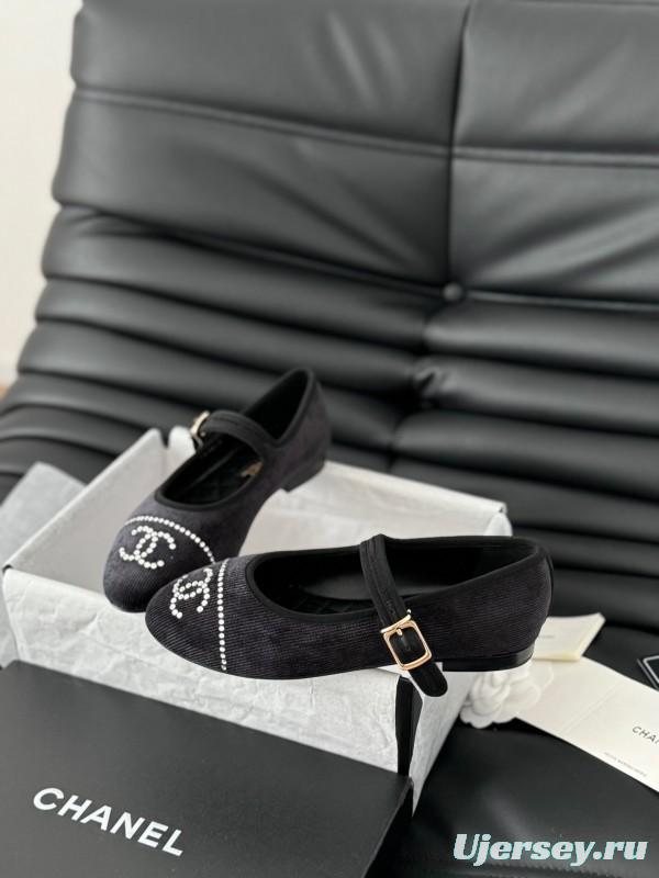 2025 Women Chanel Black Velvet Mary Jane Embroidered LY00280
